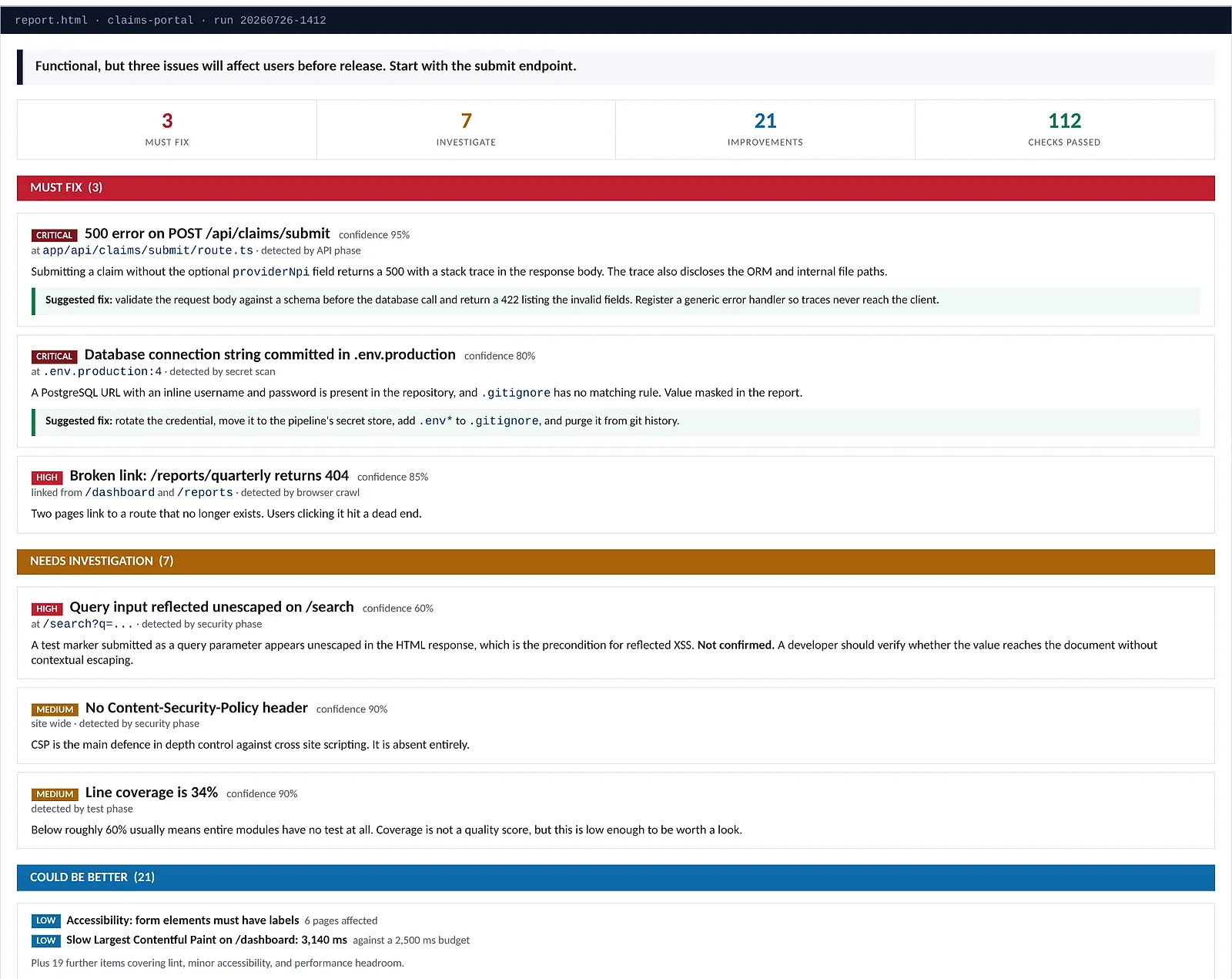 Illustrative Testing Engine report for a sample claims portal: 3 must fix, 7 to investigate, 21 improvements, 112 checks passed, with the must-fix findings listed first.
