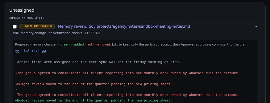 A memory change draft shown as a diff with approve, edit, and reject controls.