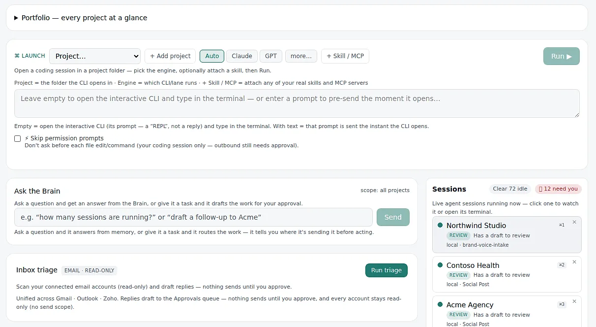 Command Center OS home in its light theme: a launch composer with project, engine buttons for Auto, Claude, and GPT, a prompt box, Ask the Brain, inbox triage, and a list of live sessions with drafts to review.