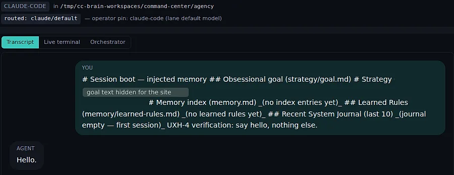 A session transcript headed by its routing receipt, routed claude/default with the operator pin, and the injected memory the session booted with.