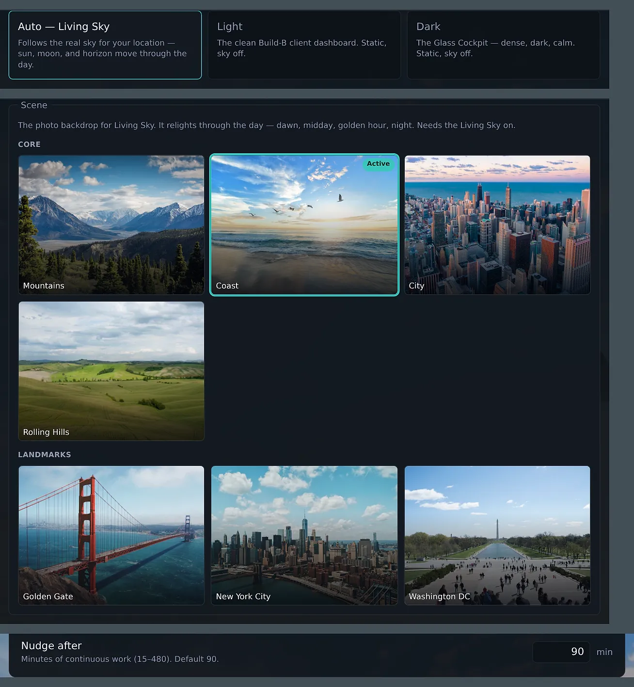 Appearance settings: Auto (Living Sky), Light, and Dark; a scene grid with Mountains, Coast, City, Rolling Hills, Golden Gate, New York City, and Washington DC; and the break nudge set to 90 minutes.
