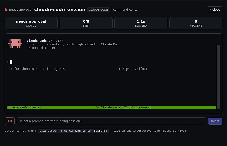 A live Claude Code terminal session shown inside the cockpit.