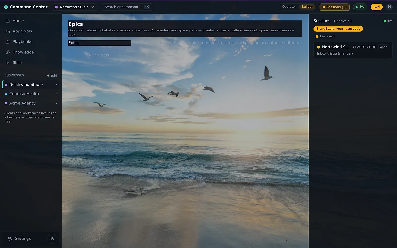 The cockpit on the Coast scene at midday: blue sky, surf, and gulls behind the same page.