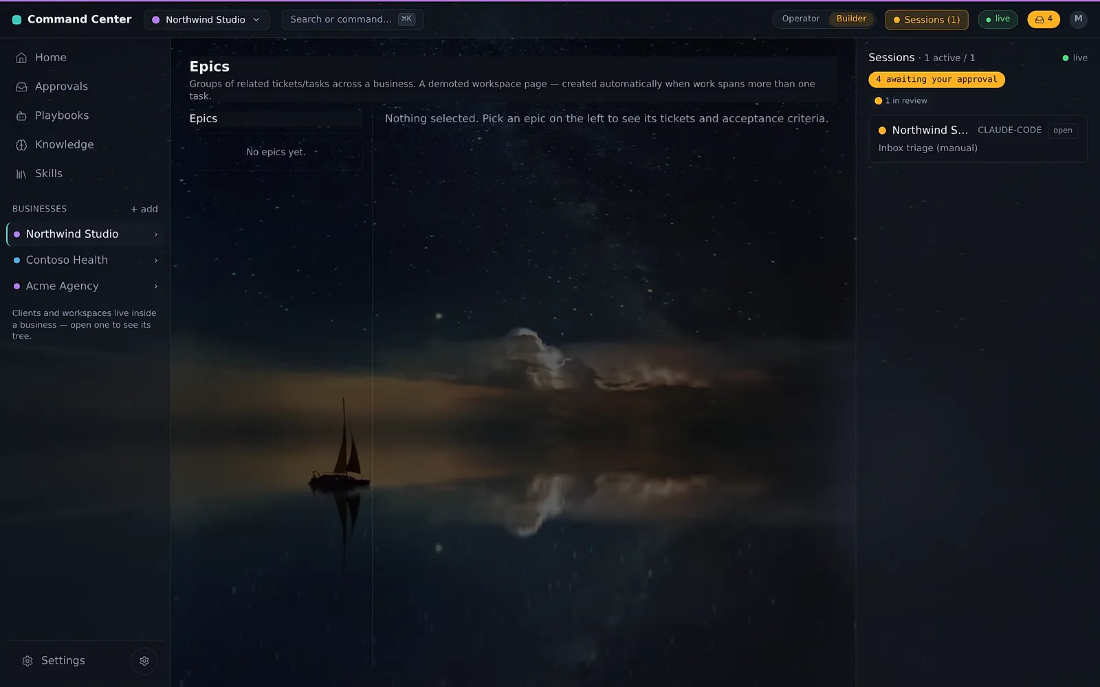 The cockpit on the Coast scene at night: a dark sea with a sailboat and stars behind the same page.