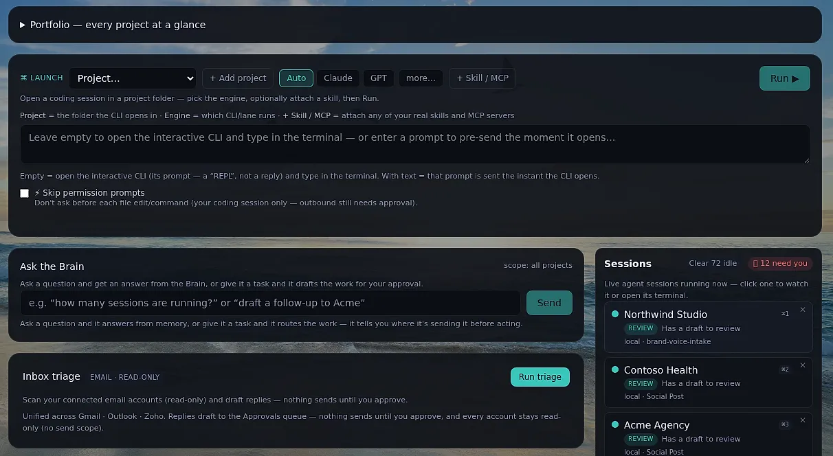 The same cockpit on its Living Sky theme, a coastline photo behind the launch composer, Ask the Brain, inbox triage, and live sessions.