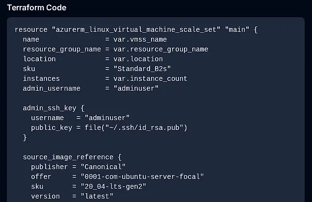 Terraform code for an Azure Linux virtual machine scale set, with the name, resource group, location, and instance count taken from variables.