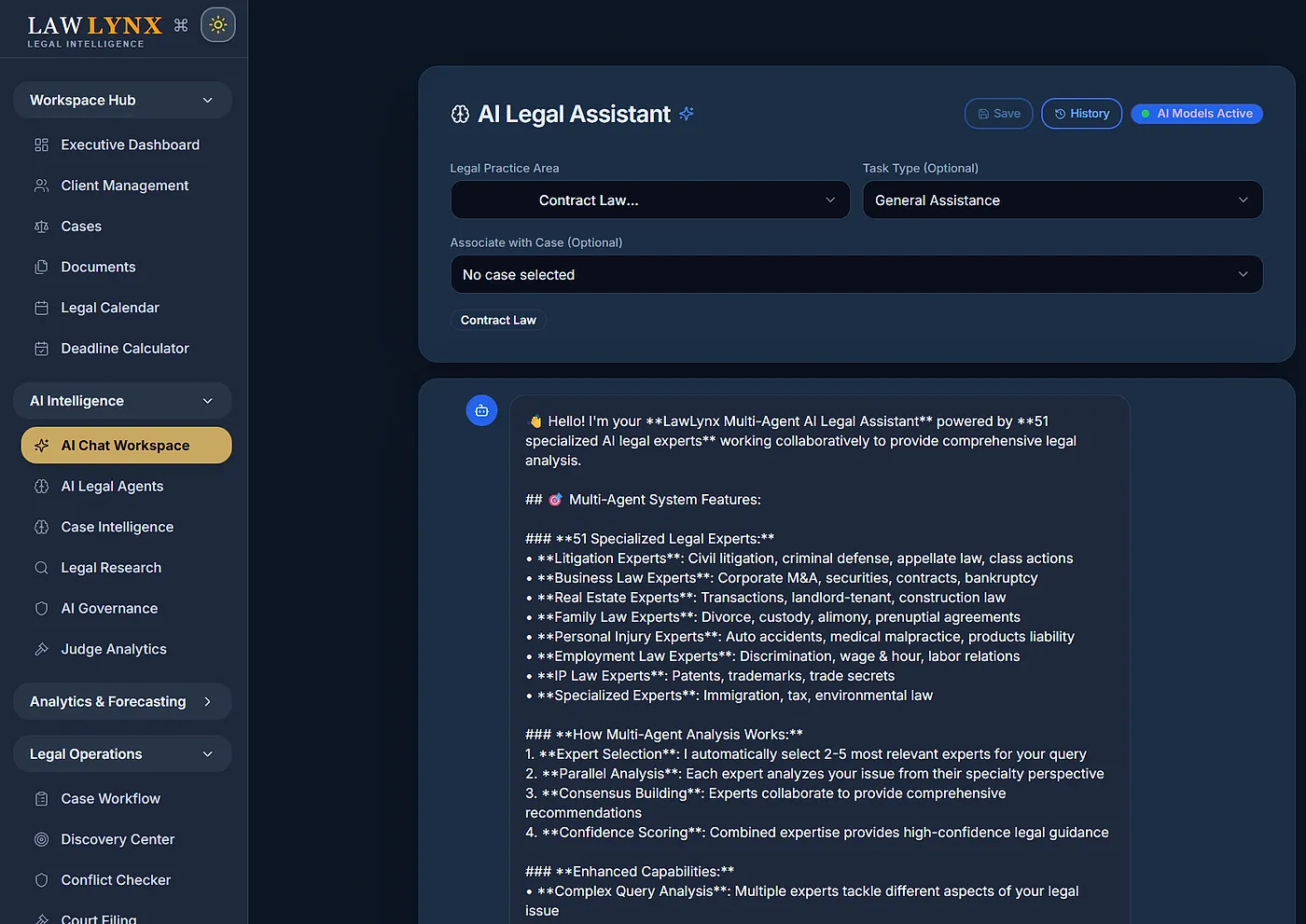 LawLynx AI Legal Assistant: the chat workspace where a lawyer asks a question about a matter.