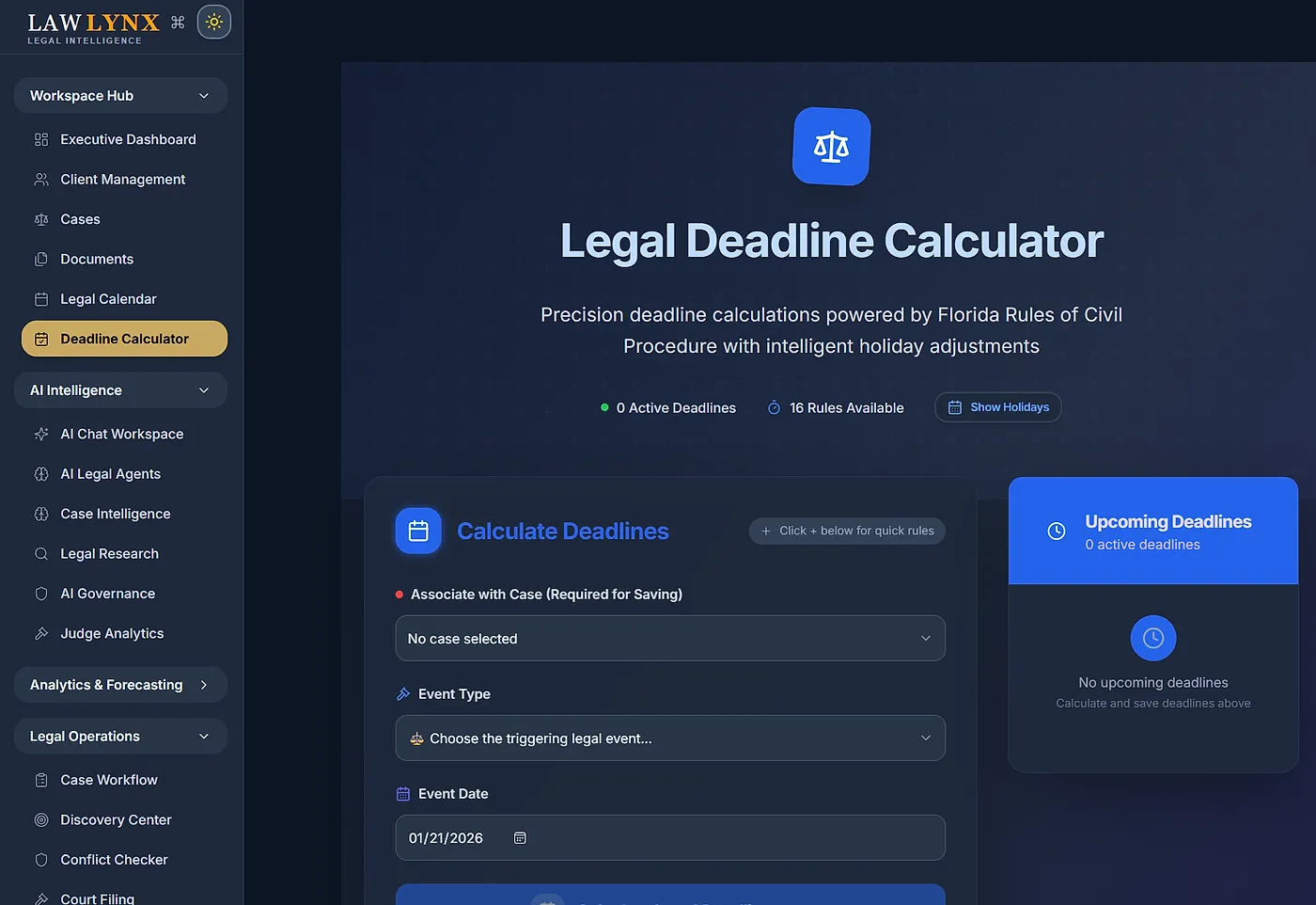 LawLynx deadline calculator: pick a jurisdiction and a trigger event, and the court deadlines are listed with their rules.