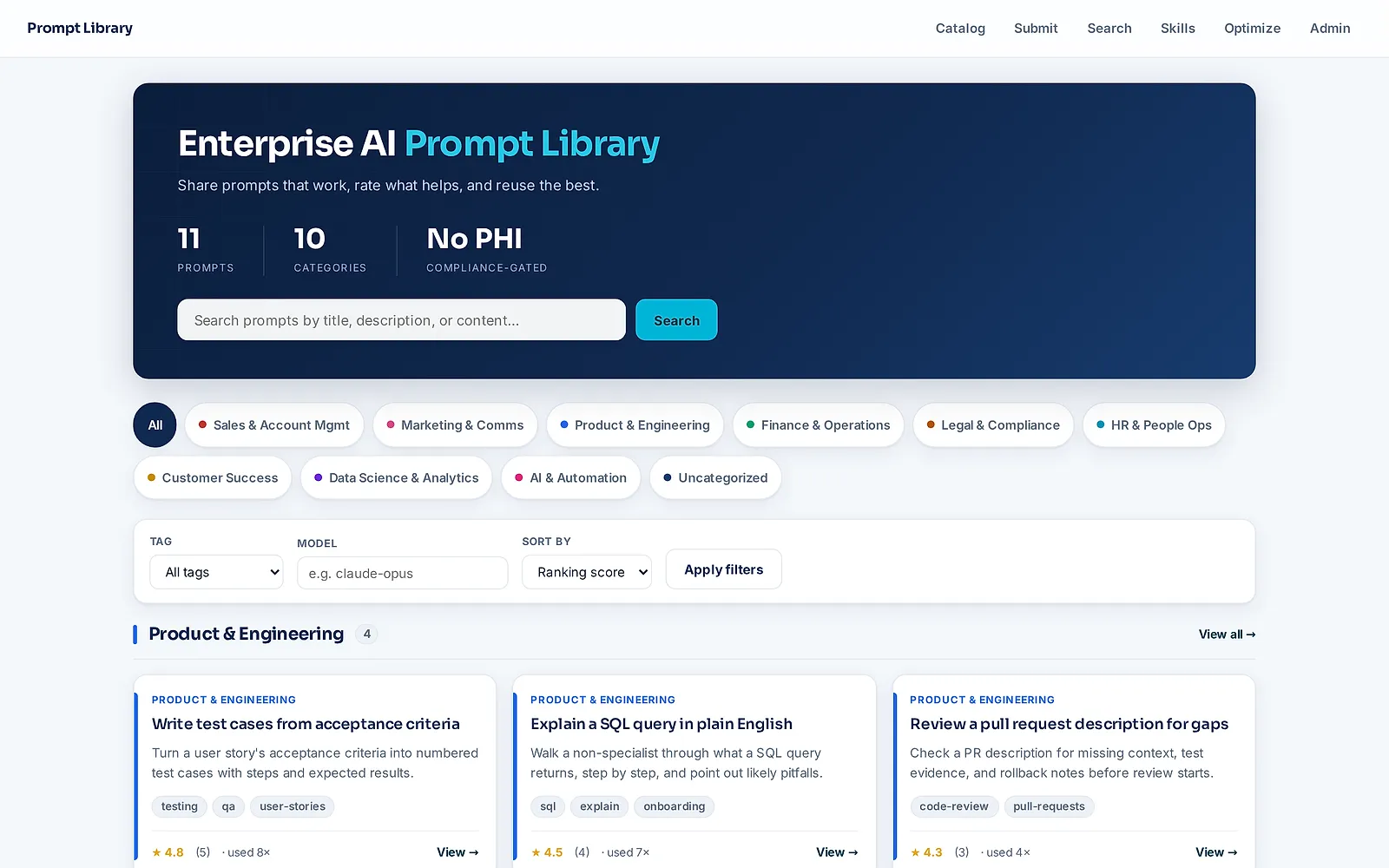 The Prompt Library catalog: a search box, category chips by team, and the highest-ranked prompts first, such as Write test cases from acceptance criteria.