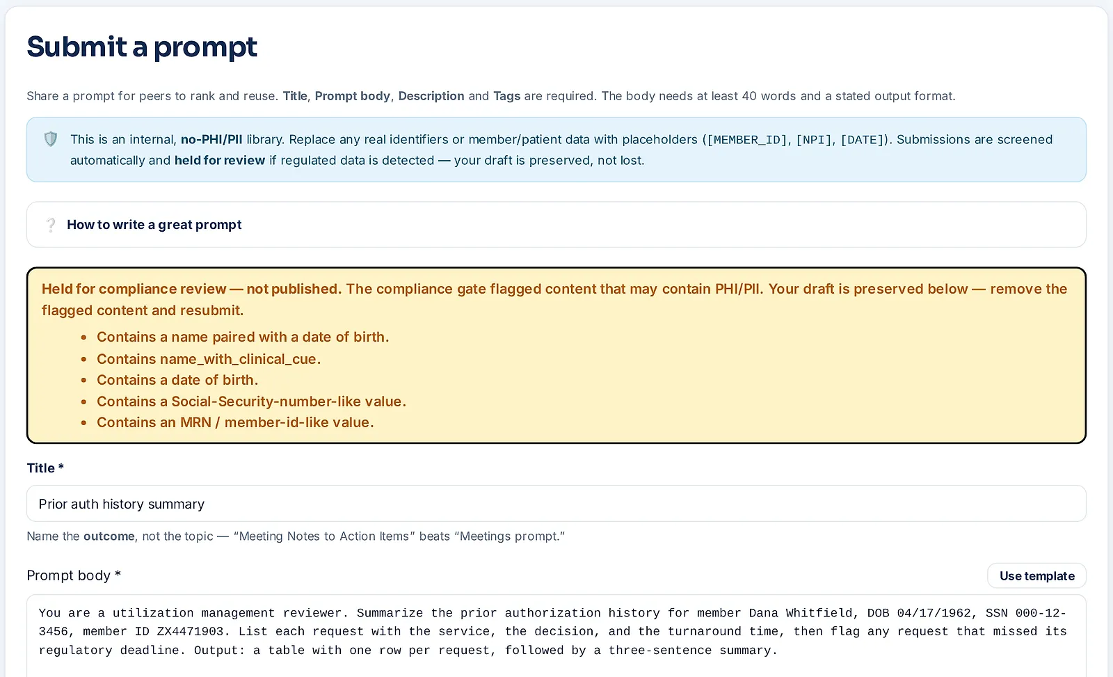 Prompt Library submission held for compliance review: the gate lists a name with a date of birth, a date of birth, an SSN-like value and a member ID, and the draft is kept below with its title and body.
