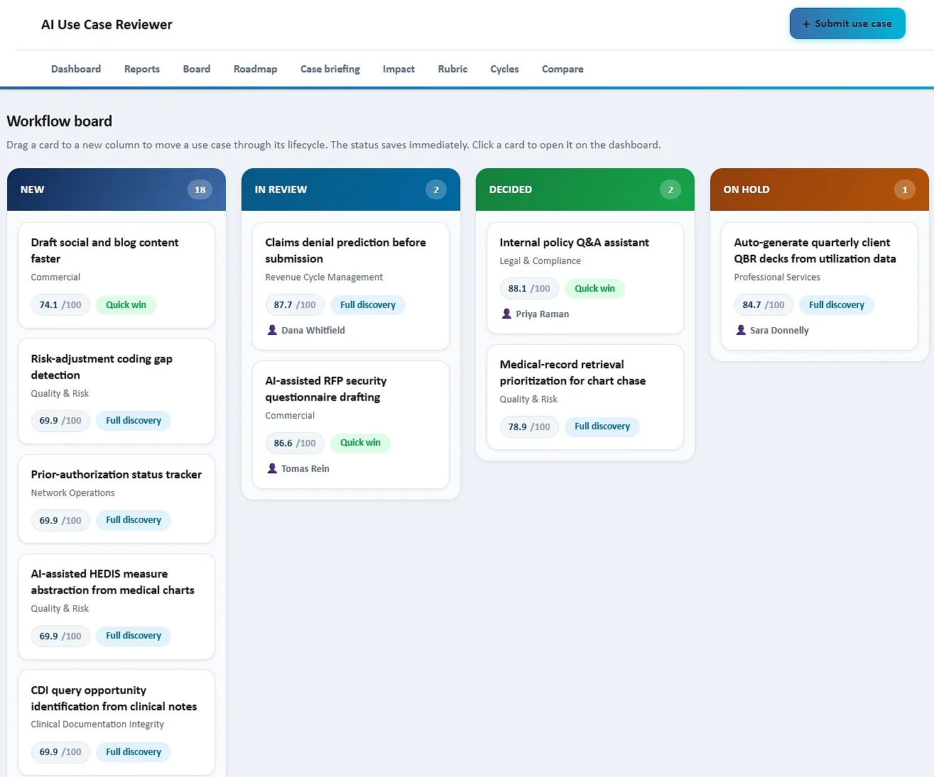 A workflow board with columns for new, in review, decided, and on hold, holding demo idea cards.