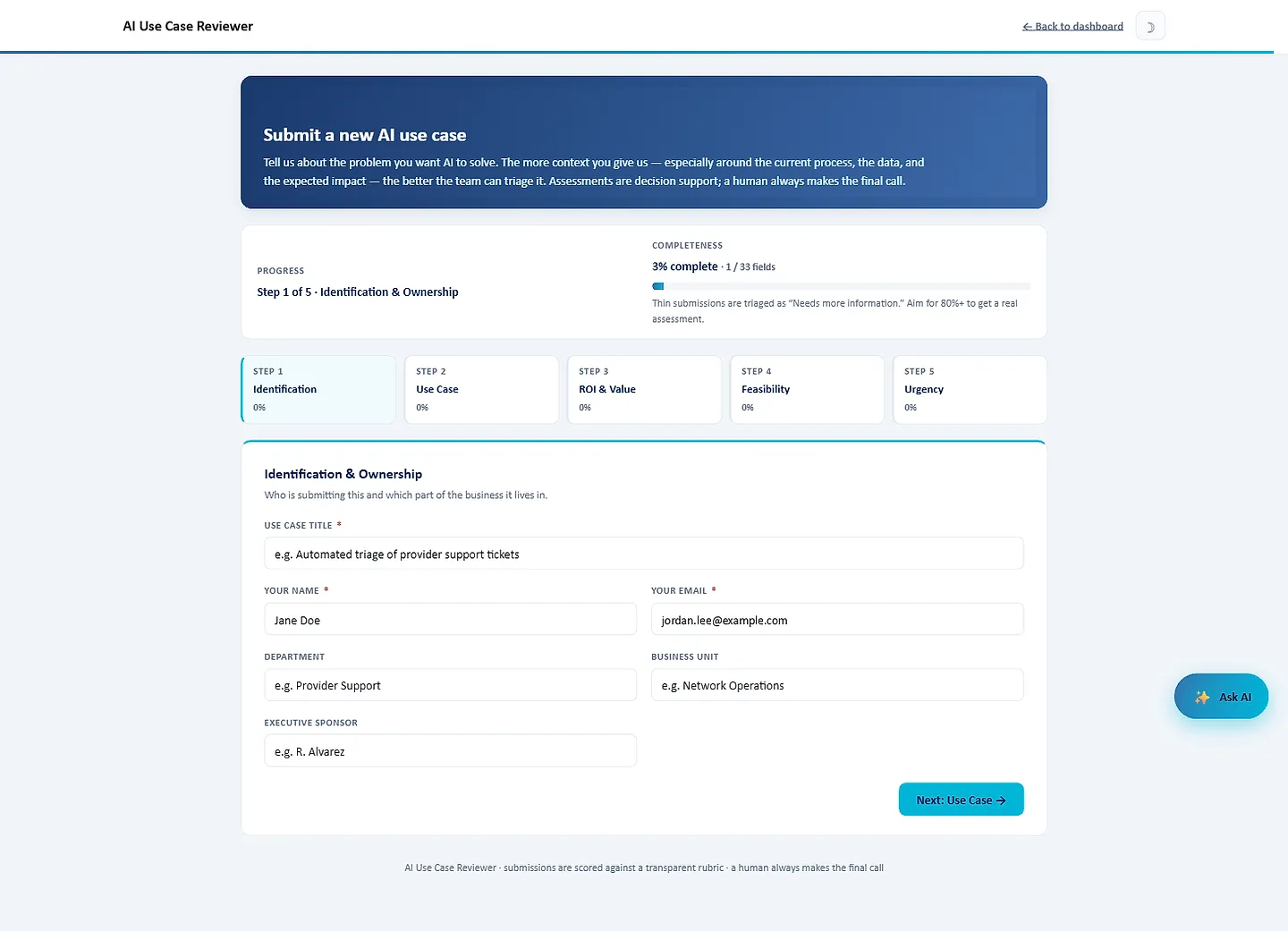 The intake form on its first step, with a five-step progress bar and a completeness meter.